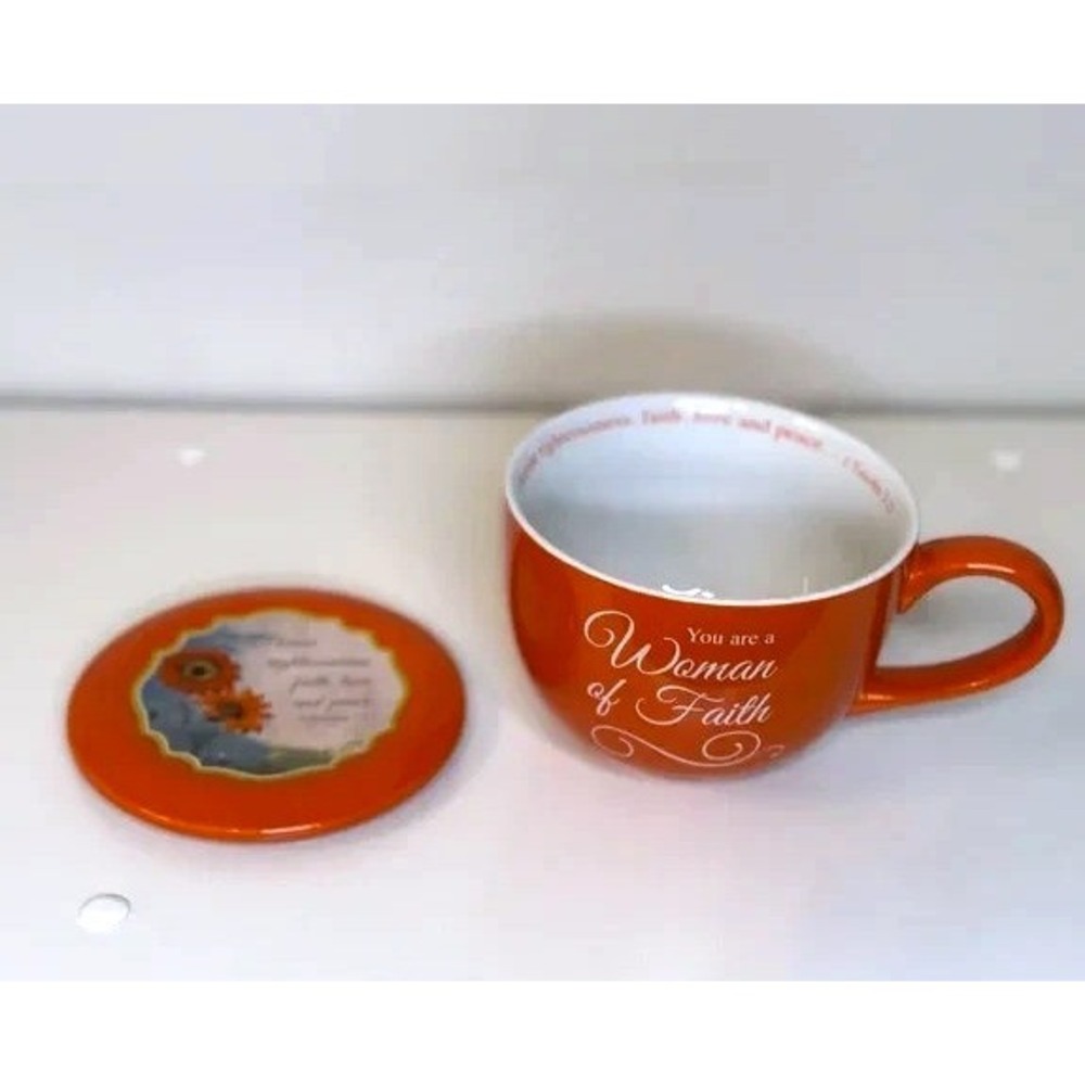 Abbey Press Woman of Faith Orange Latte‎ Mug with Lid Coaster Bible Verse